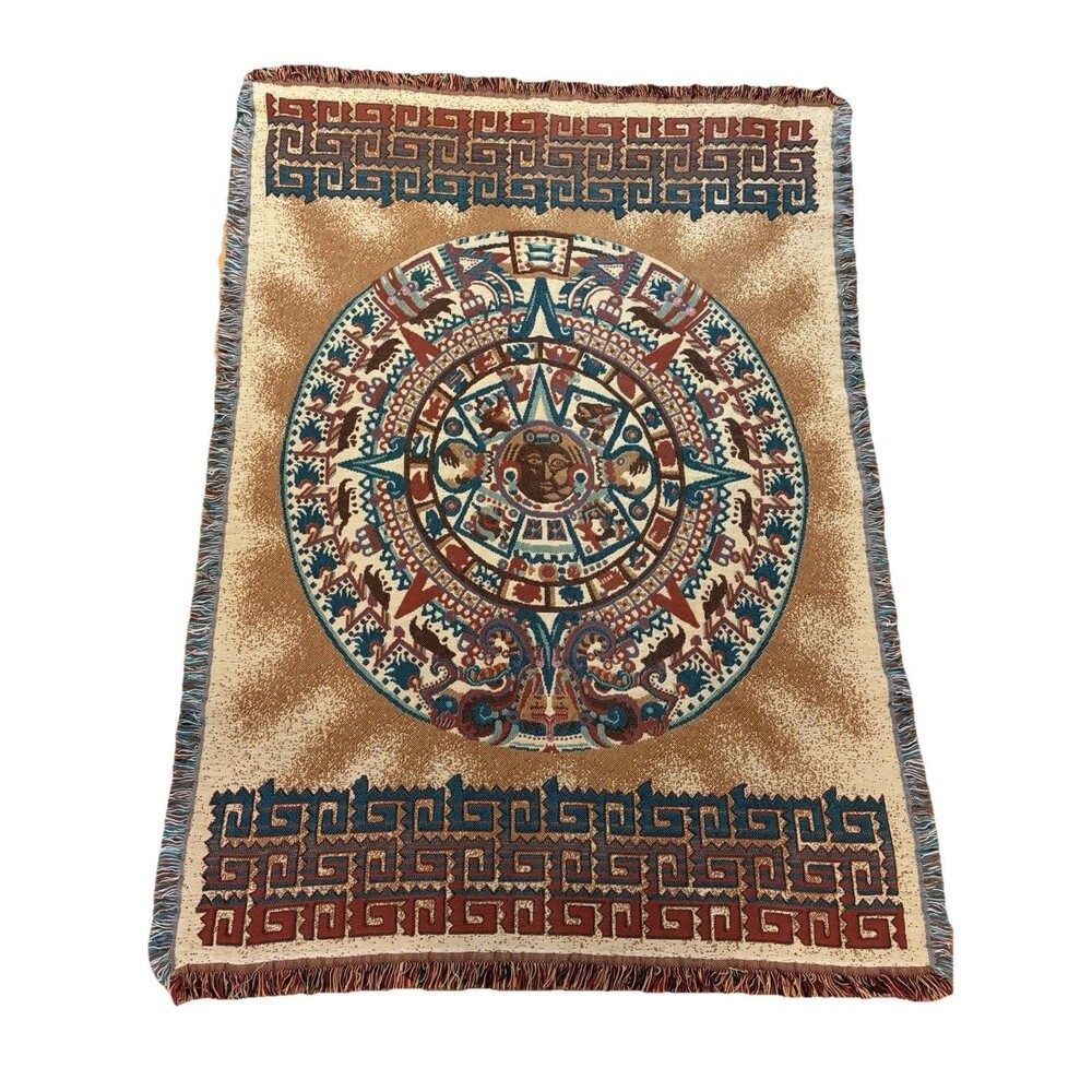 Vintage Goodwin Weavers Throw Blanket Tapestry Aztec Southwest Sun